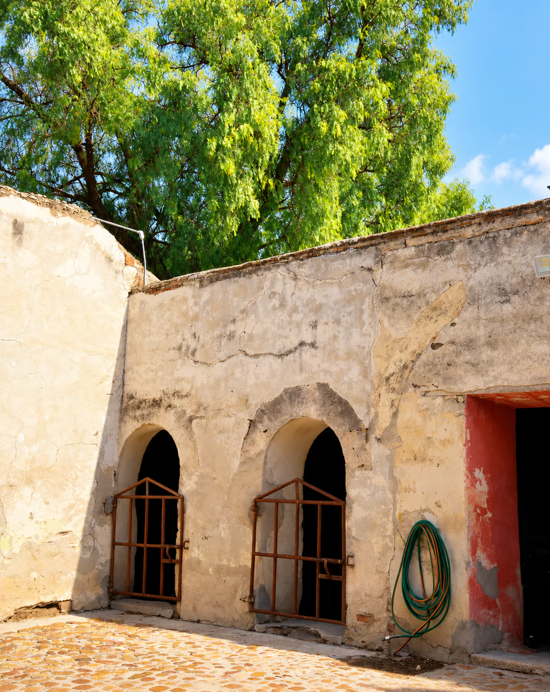 Patio de adobe de la granja con puertas en arco, bajo un árbol grande